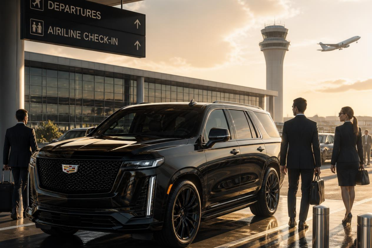 black SUV airport curbside professional